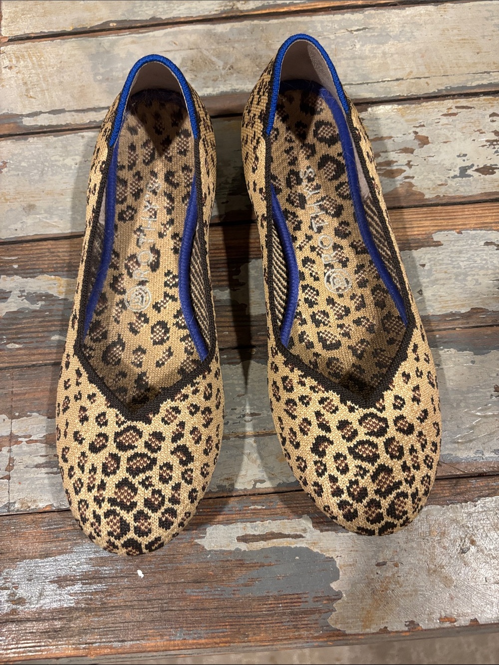 Rothy's Leopard-Print Knit Ballet Flats in Tan, Black & Blue Trim